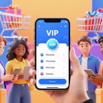 A modern loyalty program concept with a diverse group of happy customers using a smartphone app, earning rewards and points, with a glowing 'VIP' badge and a vibrant background of shopping carts and gift boxes, digital art style.