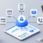 A visual representation of data integration from multiple channels: a central hub with connected icons for website, mobile app, social media, email, physical store, and call center, data flowing into a unified dashboard with charts and customer profiles. Modern, digital style, clean and professional.