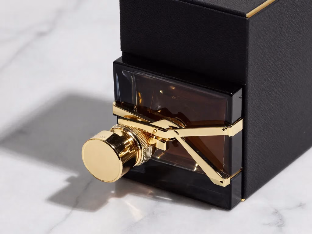 Rolul designului în percepția de preț: cum ambalajul justifică costul A close-up, studio-lit photograph of a premium product package, such as a dark-colored perfume bottle with gold accents and textured paper box, placed on a marble surface with soft shadows, symbolizing luxury and high perceived value.