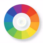 A professional minimalist composition showing a color palette wheel with vibrant swatches (red, blue, green, yellow, orange, purple) arranged around a central glowing brand symbol, representing psychology of colors in brand identity. Clean white background, geometric lines, modern flat design with subtle shadows, high contrast, cool and warm tones balanced.
