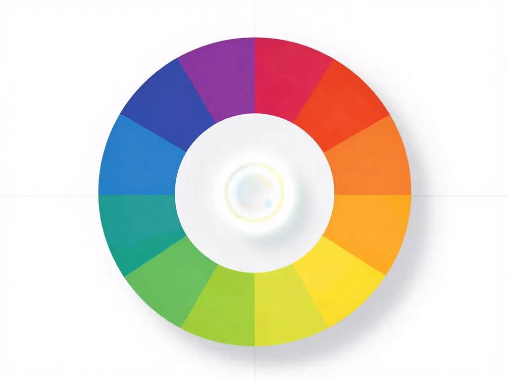 Psihologia culorilor în identitatea vizuală a brandurilor A professional minimalist composition showing a color palette wheel with vibrant swatches (red, blue, green, yellow, orange, purple) arranged around a central glowing brand symbol, representing psychology of colors in brand identity. Clean white background, geometric lines, modern flat design with subtle shadows, high contrast, cool and warm tones balanced.
