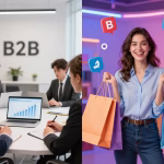 A split screen photo showing two opposite marketing scenes: left side, a professional B2B meeting in a clean office with a laptop displaying a graph, people in suits, modern interior; right side, a colorful B2C consumer scene with a happy woman holding a shopping bag, social media icons floating, bright neon lights. High contrast, realistic photography, 16:9.