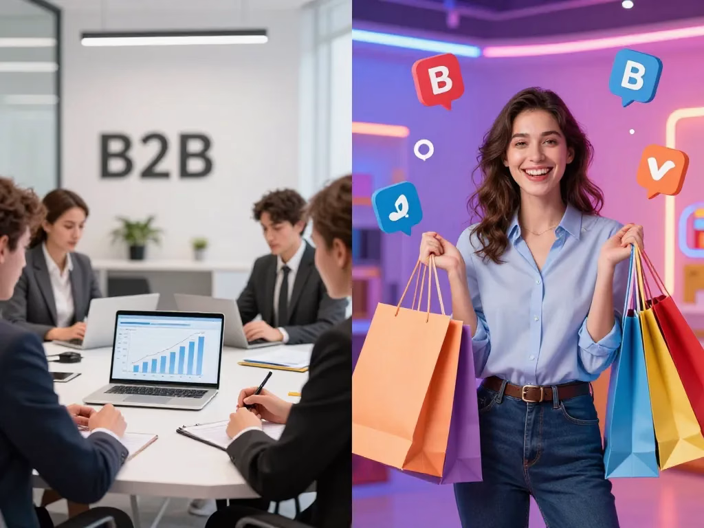 Marketing B2B vs B2C: Strategii Fundamental Diferite Explicate A split screen photo showing two opposite marketing scenes: left side, a professional B2B meeting in a clean office with a laptop displaying a graph, people in suits, modern interior; right side, a colorful B2C consumer scene with a happy woman holding a shopping bag, social media icons floating, bright neon lights. High contrast, realistic photography, 16:9.