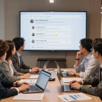 A professional team of four diverse people sitting around a table in a modern office, looking at large screens displaying social media alerts and negative comments. The atmosphere is tense but focused, with laptops and papers showing crisis management plans. Digital overlays show graphs of sentiment analysis. Style: photorealistic, warm lighting, corporate environment.