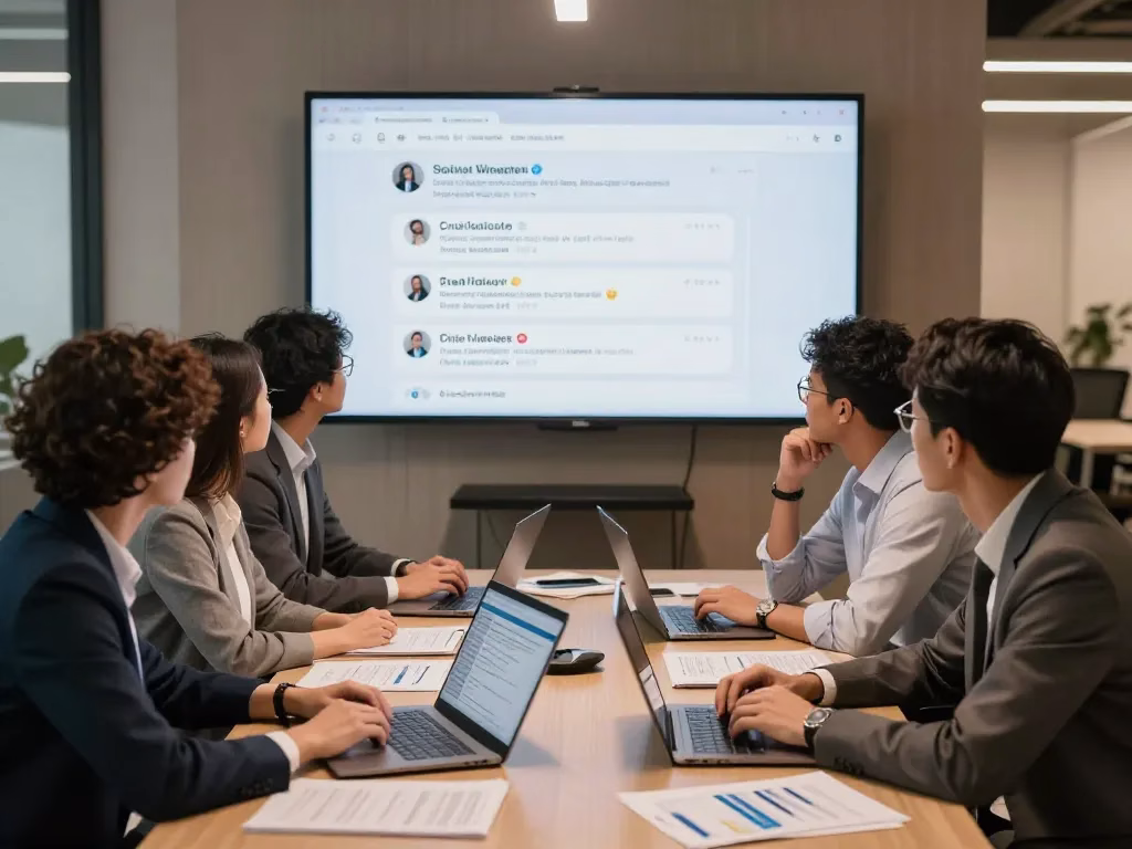 Cum gestionezi criza de reputație online pas cu pas A professional team of four diverse people sitting around a table in a modern office, looking at large screens displaying social media alerts and negative comments. The atmosphere is tense but focused, with laptops and papers showing crisis management plans. Digital overlays show graphs of sentiment analysis. Style: photorealistic, warm lighting, corporate environment.