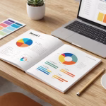 A professional and modern brand book mockup on a wooden desk, with colorful charts, color palette swatches, a laptop showing a brand style guide, pencils and a coffee cup. Warm lighting, clean minimalist style, realistic 3D render.