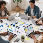 A photorealistic illustration of a diverse team of marketers analyzing data charts, customer avatars with sticky notes, and digital devices around a table, representing the process of building buyer personas based on real data. Clean, modern office setting, warm lighting, high detail, 4K.
