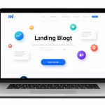 A sleek modern laptop screen displaying a beautifully designed landing page with a prominent call-to-action button, surrounded by floating icons representing conversion metrics, analytics, and social proof elements like testimonials and trust badges. Clean white background, professional lighting, digital marketing concept.
