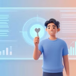 A digital illustration showing a person standing in front of a large, glowing data dashboard with segmented groups (circles, charts), but the person is smiling and holding a heart-shaped key. The background is a calm, gradient abstract design in pastel blue and orange tones. The overall feel is empathetic, modern, and non-intrusive.