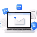 A professional email marketing setup with a laptop showing an email in the inbox folder, surrounded by icons of SPF, DKIM, DMARC, a clean list with checkmarks, and a shield representing protection from spam. Minimalist design, bright colors, digital art.