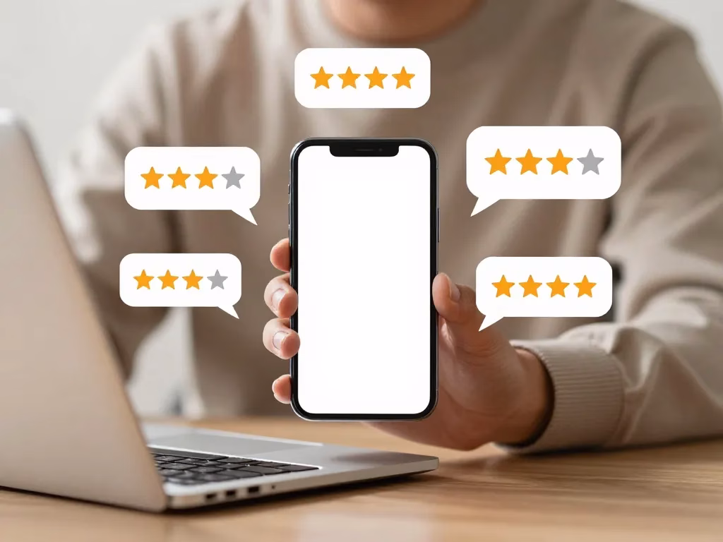 Rolul testimonialelor și recenziilor în decizia de cumpărare A professional and modern digital illustration showing a person holding a smartphone in front of a laptop, with floating speech bubbles and star ratings around them. The composition should convey trust, social proof, and online reviews. Warm colors, clean design, centered composition, high resolution, photorealistic style.