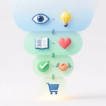 A soft, visually appealing sales funnel illustration with gentle gradient colors (light blue, green, white). At the top, icons representing awareness (eye, lightbulb), middle shows interest (book, heart), bottom shows decision (checkmark, handshake), and action (shopping cart). Arrows smoothly guide downward. Background is clean and minimalist, no aggressive sales symbols. The funnel emits a warm glow at the bottom, symbolizing trust and value.