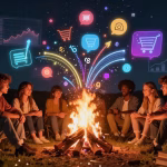 A vibrant digital illustration showing a diverse group of people gathered around a campfire, with glowing data charts and numbers floating above the fire, transforming into colorful story bubbles and narrative arcs. The scene blends modern marketing elements like social media icons and shopping carts with traditional storytelling symbols like books and quills. Warm lighting, magical atmosphere, surrealistic style.
