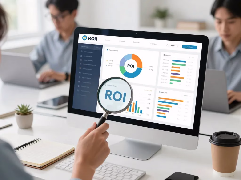 Cum măsori ROI-ul campaniilor de content marketing corect A professional business dashboard on a modern desk, showing colorful charts, KPIs, and a magnifying glass focusing on a graph labeled 'ROI'. In the background, a blurred team of marketers is working on laptops. Clean, bright, corporate style with a notebook and coffee cup.
